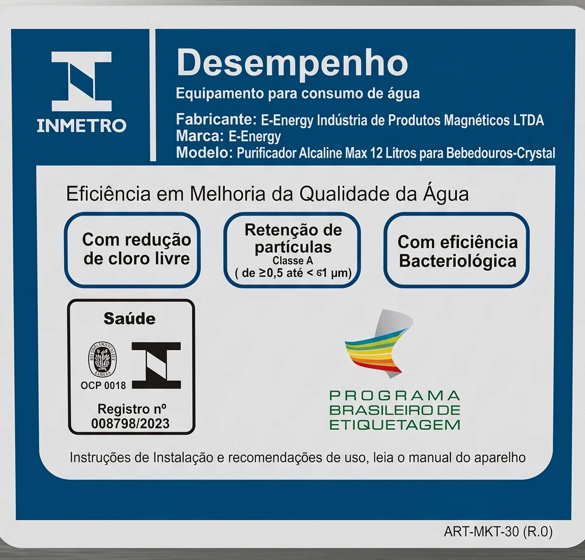 Etiqueta de Desempenho do INMETRO do purificador, mostrando redução de cloro livre, retenção de partículas Classe A e eficiência bacteriológica, com o registro 008798/2023